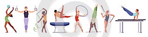 Rhythmic gymnasts. Professional athletes, young sports and artistic acrobats, strength, flexibility, man and woman with