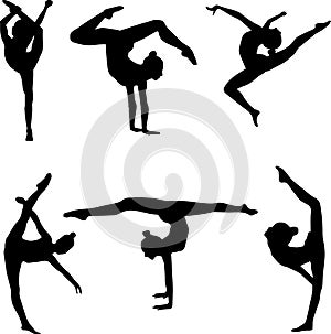 Rhythmic gymnasts. Six silhouettes of gymnasts. The shadows of the gymnasts. A set of silhouettes of gymnasts. Stencils