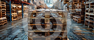 Rhythmic Repetition: Wooden Pallets in Warehouse. Concept Industrial Photography, Textures and