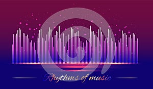 Rhythms of music. Digital sound waves on red and blue background, technology and earthquake wave concept, design for