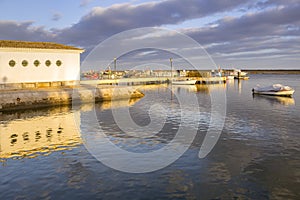 Ria Formosa natural conservation region, fishing boat port. Algarve