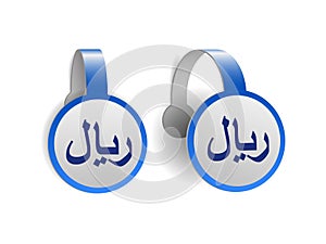 Rial symbol on Blue advertising wobblers. Illustration design of currency sign of Saudi on banner label.