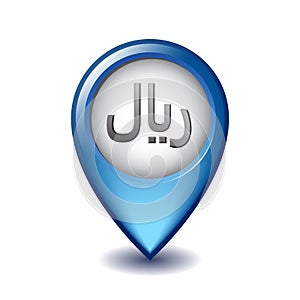 Rial symbol on Mapping Marker vector icon. photo