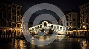 Rialto bridge and Grand Canal in Venice, Italy. View of Venice Grand Canal with gandola. Architecture and landmarks of Venice.