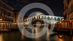 Rialto bridge and Grand Canal in Venice, Italy. View of Venice Grand Canal with gandola. Architecture and landmarks of Venice.