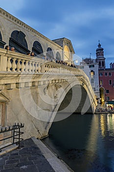 The Rialto Bridge and the Grand Canal in Venice on a summer evening