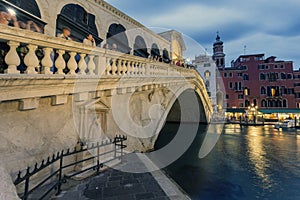 The Rialto Bridge and the Grand Canal in Venice on a summer evening