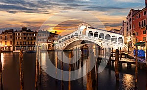 The Rialto bridge panorama at sunset, Venice, Italy