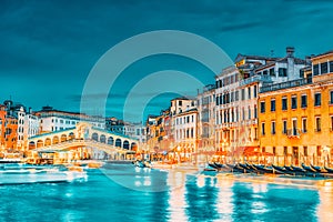 Rialto Bridge Ponte di Rialto or Bridge of Sighs and view of the most beautiful canal of Venice - Grand Canal and boats,