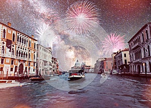 Rialto Bridge Ponte Di in Venice, Italy at night. Brigh