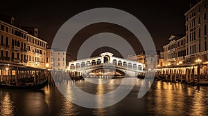 Rialto bridge, View of Venice Grand Canal with gandola. Architecture and landmarks of Venice. generative ai