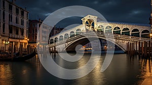 Rialto bridge, View of Venice Grand Canal with gandola. Architecture and landmarks of Venice. generative ai