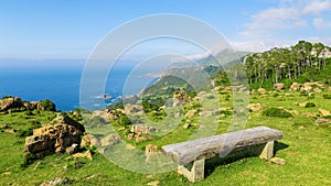 Rias Altas - Wooden Bench in a Green Landscape photo