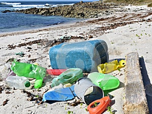 Beach with plastic pollution at famous Rias Baixas Region. Galicia, Spain. photo