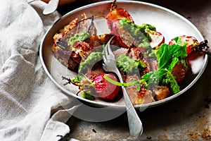 RIB-EYE STEAKS WITH RADISH GREENS CHIMICHURRI SAUCE.style rustic.