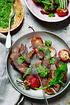 RIB-EYE STEAKS WITH RADISH GREENS CHIMICHURRI SAUCE.style rustic.