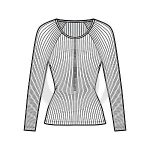 Ribbed cotton-jersey top technical fashion illustration with long raglan sleeves, slim fit, scoop henley neckline photo