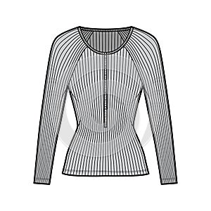 Ribbed cotton-jersey top technical fashion illustration with long raglan sleeves, slim fit, scoop henley neckline photo