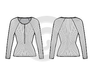 Ribbed cotton-jersey top technical fashion illustration with long raglan sleeves, slim fit, scoop henley neckline photo