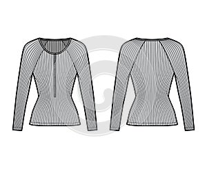 Ribbed cotton-jersey top technical fashion illustration with long raglan sleeves, slim fit, scoop henley neckline photo