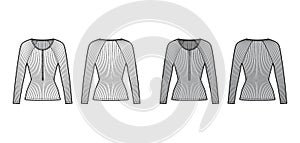 Ribbed cotton-jersey top technical fashion illustration with long raglan sleeves, slim fit, scoop henley neckline photo