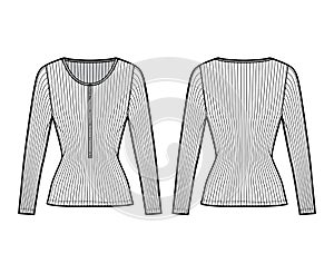 Ribbed cotton-jersey top technical fashion illustration with long sleeves, slim fit, scoop henley neckline. Flat shirt photo