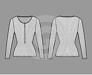 Ribbed cotton-jersey top technical fashion illustration with long sleeves, slim fit, scoop henley neckline. Flat shirt photo