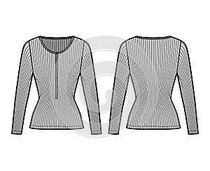 Ribbed cotton-jersey top technical fashion illustration with long sleeves, slim fit, scoop henley neckline. Flat shirt photo