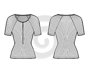 Ribbed cotton-jersey top technical fashion illustration with short raglan sleeves, slim fit, scoop henley neckline photo