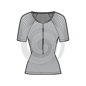 Ribbed cotton-jersey top technical fashion illustration with short raglan sleeves, slim fit, scoop henley neckline photo