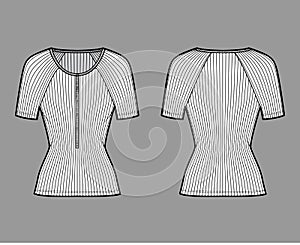 Ribbed cotton-jersey top technical fashion illustration with short raglan sleeves, slim fit, scoop henley neckline photo