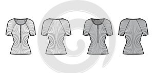 Ribbed cotton-jersey top technical fashion illustration with short raglan sleeves, slim fit, scoop henley neckline photo