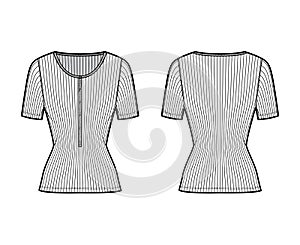 Ribbed cotton-jersey top technical fashion illustration with short sleeves, slim fit, scoop henley neckline. Flat shirt photo