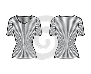 Ribbed cotton-jersey top technical fashion illustration with short sleeves, slim fit, scoop henley neckline. Flat shirt photo