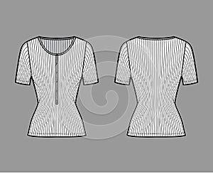 Ribbed cotton-jersey top technical fashion illustration with short sleeves, slim fit, scoop henley neckline. Flat shirt photo