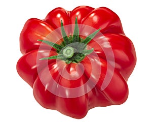 Ribbed heirloom tomato Solanum lycopersicum fr uit, Mushroom Basket variety, isolated, top view