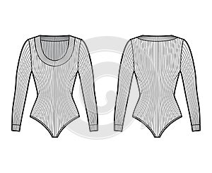 Ribbed-knit bodysuit technical fashion illustration with scooped neckline, long sleeves, medium-coverage briefs