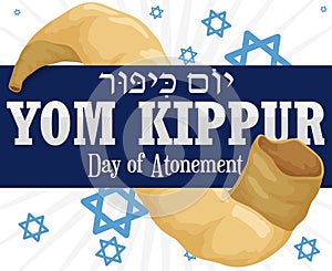 Ribbon across Shofar Horn and Stars for Yom Kippur, Vector Illustration