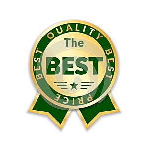 Ribbon award best price label. Gold ribbon award icon isolated white background. Best quality golden label for badge