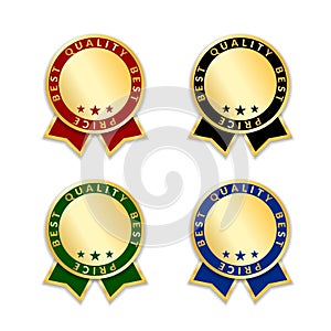 Ribbon award best price labels set. Gold ribbons award icon isolated white background. Best quality golden label for