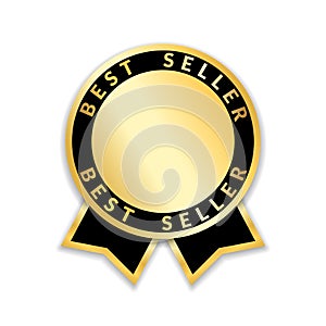 Ribbon award best seller. Gold ribbon award icon isolated white background. Bestseller golden tag sale label, badge