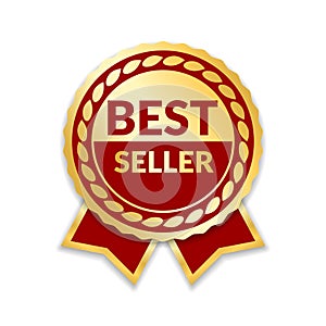 Ribbon award best seller. Gold ribbon award icon isolated white background. Bestseller golden tag sale label, badge