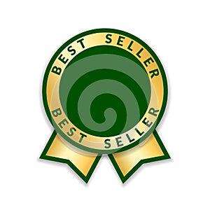 Ribbon award best seller. Gold ribbon award icon isolated white background. Bestseller golden tag sale label, badge