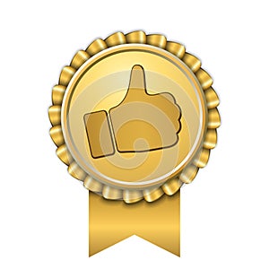 Ribbon award up thumb gold icon. Gesture success hand golden medal. Best choice, best seller, label control quality