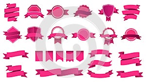 Ribbon banner badges. Frame with tape, abstract decorative shape badge and curved ribbons flat vector set. Collection of
