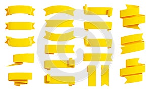 Ribbon banner 3d render set - collection of yellow glossy text box for sale or discount promotion sign.