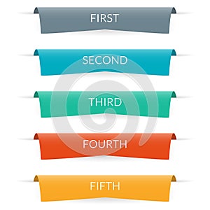 Ribbon banner design. Infographic labels or tabs with 5 options, levels or steps and space for text. Graphic elements for web
