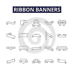 Ribbon banners line vector icons and signs. Banners, Bunting, Streamers, Trims, Flags, Strings, Swags, Rosettes outline