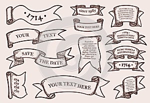 Ribbon banners. Retro hand drawn label, old line flag elements, scroll frame antique shapes. Copy space for text. Emblem