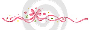 Ribbon with bow and flowers. Beautiful decorative natural plants and leaves.